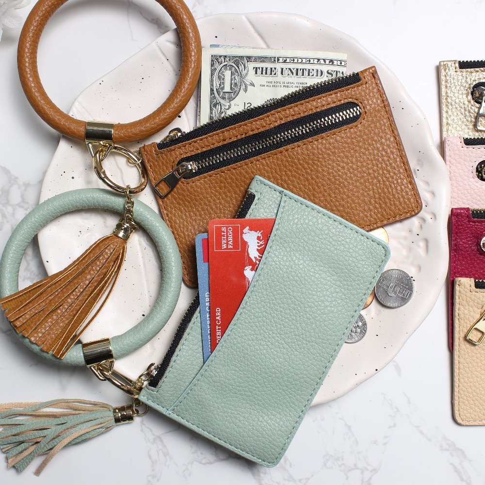 Pebbled Leather Bangle Keychain with Mini Purse and Tassel